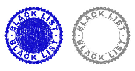 Obraz premium Grunge BLACK LIST stamp seals isolated on a white background. Rosette seals with grunge texture in blue and grey colors. Vector rubber imprint of BLACK LIST label inside round rosette.