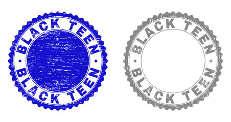 Grunge BLACK TEEN stamp seals isolated on a white background. Rosette seals with distress texture in blue and grey colors. Vector rubber imitation of BLACK TEEN caption inside round rosette.