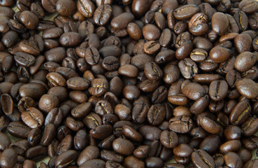 Whole grains of coffee close-up