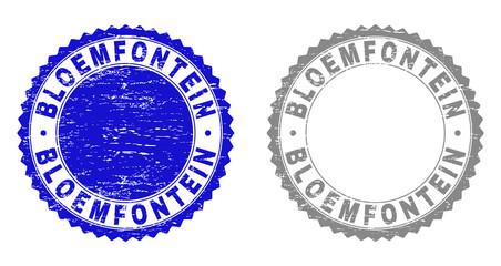 Grunge BLOEMFONTEIN stamp seals isolated on a white background. Rosette seals with distress texture in blue and grey colors. Vector rubber watermark of BLOEMFONTEIN tag inside round rosette.
