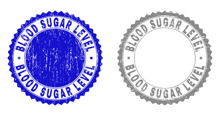 Grunge BLOOD SUGAR LEVEL stamp seals isolated on a white background. Rosette seals with grunge texture in blue and gray colors. Vector rubber imitation of BLOOD SUGAR LEVEL text inside round rosette.