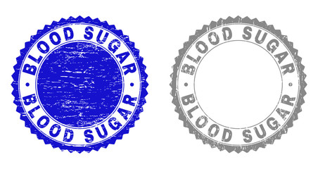 Grunge BLOOD SUGAR stamp seals isolated on a white background. Rosette seals with distress texture in blue and gray colors. Vector rubber watermark of BLOOD SUGAR tag inside round rosette.