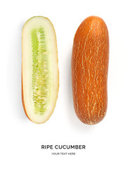 Creative layout made of ripe cucumber on white background. Flat lay. Food concept. Macro concept.