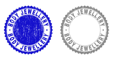 Grunge BODY JEWELLERY stamp seals isolated on a white background. Rosette seals with distress texture in blue and gray colors. Vector rubber overlay of BODY JEWELLERY text inside round rosette.