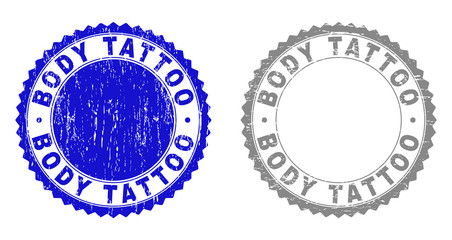 Grunge BODY TATTOO stamp seals isolated on a white background. Rosette seals with grunge texture in blue and gray colors. Vector rubber imitation of BODY TATTOO caption inside round rosette.