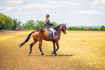 Russia, Samara, August 2018: A girl on horseback participates in horse races at the equestrian...
