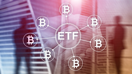 Bitcoin ETF cryptocurrency trading and investment concept on double exposure background.