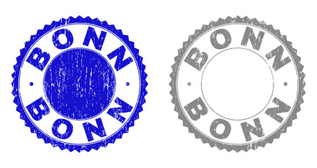 Grunge BONN stamp seals isolated on a white background. Rosette seals with grunge texture in blue and grey colors. Vector rubber imitation of BONN tag inside round rosette.