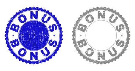 Grunge BONUS stamp seals isolated on a white background. Rosette seals with grunge texture in blue and grey colors. Vector rubber watermark of BONUS tag inside round rosette.