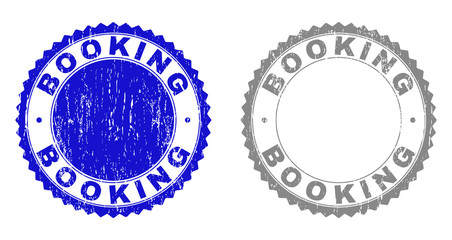 Grunge BOOKING stamp seals isolated on a white background. Rosette seals with grunge texture in blue and grey colors. Vector rubber watermark of BOOKING text inside round rosette.