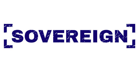 SOVEREIGN label seal print with grunge texture. Text label is placed inside corners. Blue vector rubber print of SOVEREIGN with dust texture.