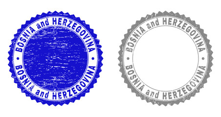 Grunge BOSNIA AND HERZEGOVINA stamp seals isolated on a white background. Rosette seals with grunge texture in blue and gray colors.
