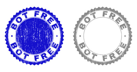Grunge BOT FREE stamp seals isolated on a white background. Rosette seals with grunge texture in blue and gray colors. Vector rubber watermark of BOT FREE tag inside round rosette.