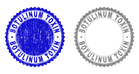 Grunge BOTULINUM TOXIN stamp seals isolated on a white background. Rosette seals with grunge texture in blue and grey colors. Vector rubber overlay of BOTULINUM TOXIN caption inside round rosette.