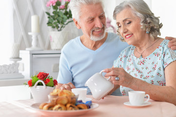 Portrait of happy Senior couple portrait drinking tea