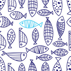 Obraz premium Cute fish. Cute vector line seamless pattern. Endless pattern can be used for ceramic tile, wallpaper, linoleum, textile, web page background.