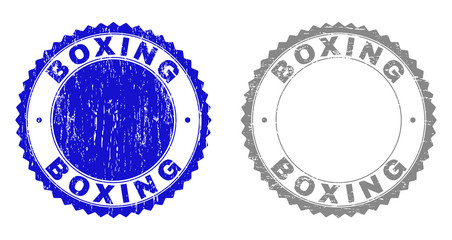 Grunge BOXING stamp seals isolated on a white background. Rosette seals with grunge texture in blue and grey colors. Vector rubber imitation of BOXING title inside round rosette.