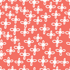 Seamless floral pattern background in trendy color of 2019, living coral, endless hand drawing abstract doodle of falling bloom flowers with petals. Vector.