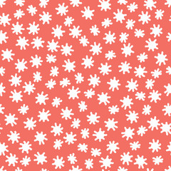 Seamless pattern background in trendy color of 2019, living coral, endless hand drawing abstract doodle of crosses or stars, snowflakes or snow, this year. Vector.