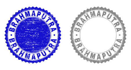Grunge BRAHMAPUTRA stamp seals isolated on a white background. Rosette seals with grunge texture in blue and gray colors. Vector rubber imitation of BRAHMAPUTRA label inside round rosette.