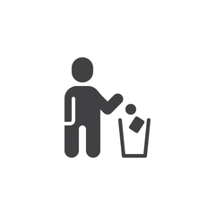 Fototapeta na wymiar Man throwing paper into dustbin vector icon. filled flat sign for mobile concept and web design. Man throwing trash into a basket simple solid icon. Symbol, logo illustration. Pixel perfect vector 