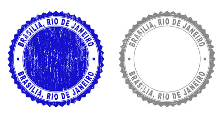 Grunge BRASILIA, RIO DE JANEIRO stamp seals isolated on a white background. Rosette seals with grunge texture in blue and gray colors. Vector rubber overlay of BRASILIA,