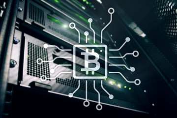 Bitcoin, Blockchain concept on server room background.