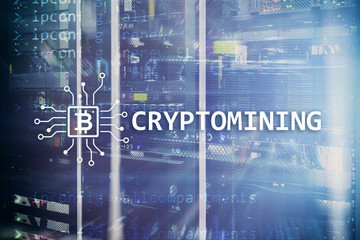 Cryptocurrency mining concept on server room background.