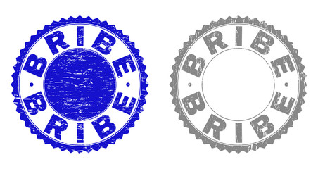 Grunge BRIBE stamp seals isolated on a white background. Rosette seals with grunge texture in blue and gray colors. Vector rubber imprint of BRIBE caption inside round rosette.
