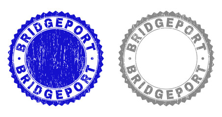 Grunge BRIDGEPORT stamp seals isolated on a white background. Rosette seals with grunge texture in blue and gray colors. Vector rubber overlay of BRIDGEPORT text inside round rosette.