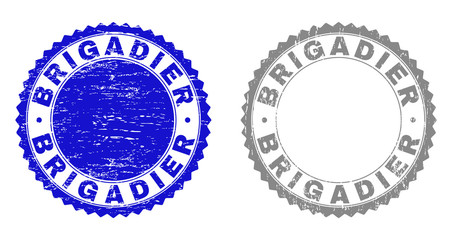 Grunge BRIGADIER stamp seals isolated on a white background. Rosette seals with grunge texture in blue and gray colors. Vector rubber imitation of BRIGADIER text inside round rosette.