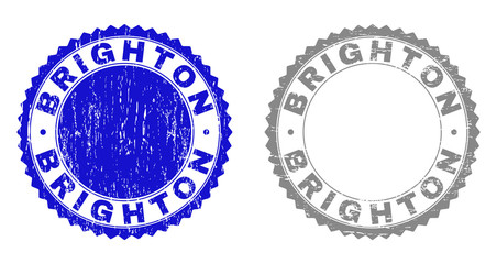 Grunge BRIGHTON stamp seals isolated on a white background. Rosette seals with grunge texture in blue and grey colors. Vector rubber watermark of BRIGHTON label inside round rosette.