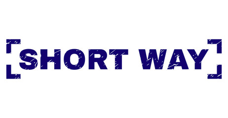 SHORT WAY text seal print with grunge effect. Text tag is placed inside corners. Blue vector rubber print of SHORT WAY with retro texture.