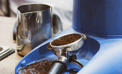 espresso shot from coffee machine in coffee shop,Coffee maker in coffee shop