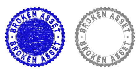 Grunge BROKEN ASSET stamp seals isolated on a white background. Rosette seals with grunge texture in blue and grey colors. Vector rubber imitation of BROKEN ASSET tag inside round rosette.