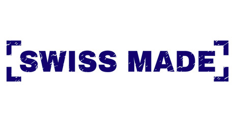 SWISS MADE text seal print with corroded texture. Text tag is placed between corners. Blue vector rubber print of SWISS MADE with unclean texture.