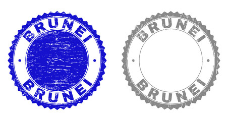 Grunge BRUNEI stamp seals isolated on a white background. Rosette seals with distress texture in blue and gray colors. Vector rubber overlay of BRUNEI text inside round rosette.