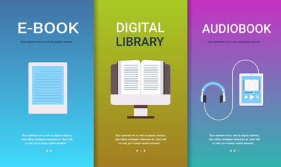 set e-book digital library audiobook concepts collection online education e-learning reading books technology flat horizontal copy space