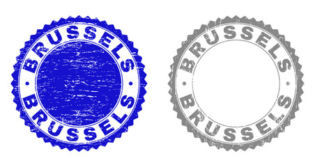 Grunge BRUSSELS stamp seals isolated on a white background. Rosette seals with grunge texture in blue and grey colors. Vector rubber imitation of BRUSSELS label inside round rosette.