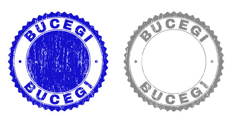Grunge BUCEGI stamp seals isolated on a white background. Rosette seals with distress texture in blue and grey colors. Vector rubber watermark of BUCEGI label inside round rosette.