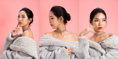Fashion Asian Woman thin skin black hair eyes beautiful make up diamond earrings wear Red lips...