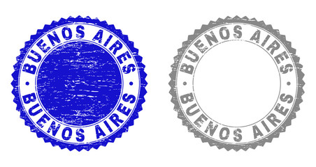 Grunge BUENOS AIRES stamp seals isolated on a white background. Rosette seals with grunge texture in blue and grey colors. Vector rubber imitation of BUENOS AIRES title inside round rosette.