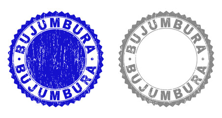Grunge BUJUMBURA stamp seals isolated on a white background. Rosette seals with grunge texture in blue and grey colors. Vector rubber overlay of BUJUMBURA caption inside round rosette.