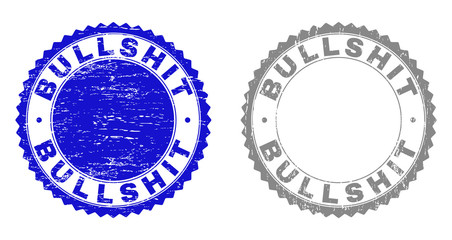 Grunge BULLSHIT stamp seals isolated on a white background. Rosette seals with distress texture in blue and gray colors. Vector rubber watermark of BULLSHIT title inside round rosette.