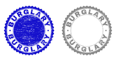 Grunge BURGLARY stamp seals isolated on a white background. Rosette seals with distress texture in blue and grey colors. Vector rubber imprint of BURGLARY title inside round rosette.