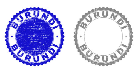Grunge BURUNDI stamp seals isolated on a white background. Rosette seals with grunge texture in blue and gray colors. Vector rubber imprint of BURUNDI text inside round rosette.