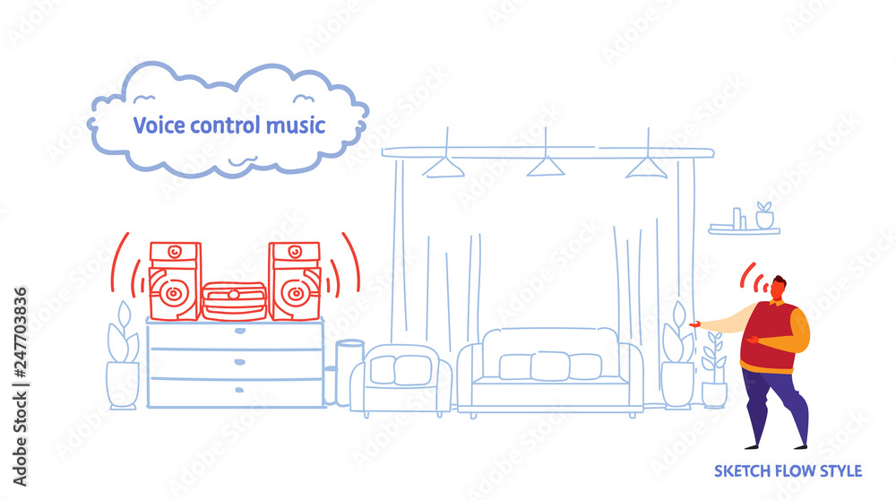 Poster home stereo system controlled by man smart speaker recognizes commands voice control music concept m