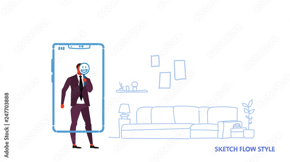 Poster businessman using mobile application holding smiling face emotion instead of head smartphone screen 