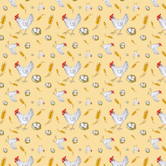 Seamless pattern of a chicken, chicken egg in a basket and a wheat ear. Watercolor illustration isolated on yellow background