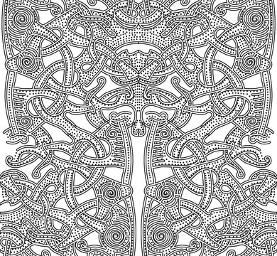 Ornate patterns of the Vikings. Background with hand drawn element of the Vikings. Seamless abstract pattern for printing on paper, fabric, clothes. Art videos black and white picture. Celtic knots.